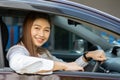 Beautiful attractive young woman smile in casual sitting in car