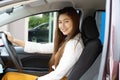 Beautiful attractive young woman smile in casual sitting in car,Diving car with confident and happiness at home and dog waiting at