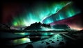 Beautiful aurora borealis in the night sky above mountain lake