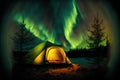 Beautiful aurora borealis in the night sky over camping tent