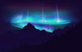 Beautiful Aurora Borealis northern lights in night sky over mountain. Vector illustration.