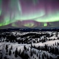 A beautiful aurora night sky from a mountain peak, panorama wallpaper, generative ai Royalty Free Stock Photo