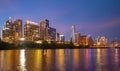 Beautiful Austin skyline. Austin, Texas on the Colorado River. Night sunset city. Reflection in water. Royalty Free Stock Photo