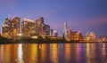 Beautiful Austin skyline. Austin, Texas on the Colorado River. Night sunset city. Reflection in water. Royalty Free Stock Photo