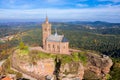 Beautiful autumn aerial view of St. Leon chapel dedicated to Pope Leo IX atop of Rocher de Dabo or Rock of Dabo, France