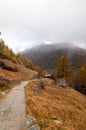 Beautiful autumn landscape with snow falling over a path towards Zermatt Resort