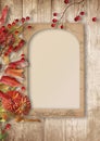 Beautiful autumn background with frame with rowan and dahlias Royalty Free Stock Photo