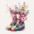 Boots filed with flowers in watercolor style by Generative AI