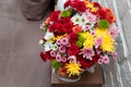 Beautiful autumn bouquet of multicolored chrysanthemums. Birthday, anniversary, Valentines day, women day present, flowers