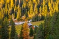 Beautiful autumn colors at the foot of the Odle Mountains in the backdrop of the Seceda Mountains in the Dolomites, Trentino Alto Royalty Free Stock Photo