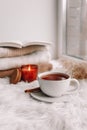 Beautiful autumn composition with burning candle and cup of tea on window sill Royalty Free Stock Photo