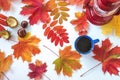 Beautiful autumn composition with multicolored maple leaves, cup of coffee and red hurrican lamp