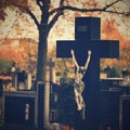 Beautiful autumn concept to the cemetery and Halloween. Candle in a lantern on the grave. Background for Halloween. Royalty Free Stock Photo