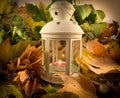 Beautiful autumn concept. White lantern with lighted candle surrounded by leaves