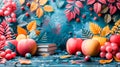 Beautiful autumn 3d style composition with fruits plants and colorful leaves and books. Back to school and autumn sale concept. Royalty Free Stock Photo