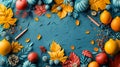 Beautiful autumn 3d style composition with fruits plants and colorful leaves and school supplies. Copy space Royalty Free Stock Photo