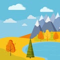 Beautiful autumn day lake landscape with mountains, trees and fall leaves, spruces , meadows, grass, sky, clouds in flat Royalty Free Stock Photo