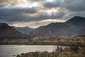 Majestic Autumn Fall landscape image of view from Castlehead in Lake District over Derwentwater towards Catbells and Grisedale Royalty Free Stock Photo