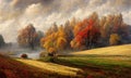 Beautiful autumn field and forest landscape, digital illustration