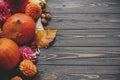 Beautiful autumn flat lay with space for text. Pumpkins, autumn flowers, berries, leaves and walnuts composition on blanket on