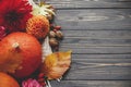 Beautiful autumn flat lay with space for text. Pumpkins, autumn flowers, berries, leaves and walnuts composition on blanket on