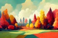 Beautiful autumn forest landscape with clouds. Artistic effect of painting with paints. Digital illustration based on Royalty Free Stock Photo