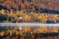 Beautiful autumn forest reflecting in foggy lake, lakehouse in background Royalty Free Stock Photo