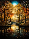 Abstract autumn trees at sunset reflected in the lake. Royalty Free Stock Photo