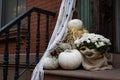 Beautiful Autumn Pumpkin and Flower Display on the Outdoor Stairs of a Brownstone Home in Greenwich Village of New York City Royalty Free Stock Photo