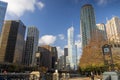 A beautiful autumn landscape along the Chicago River with skyscrapers, hotels and office buildings in the city skyline Royalty Free Stock Photo