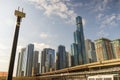 A beautiful autumn landscape along the Chicago River with skyscrapers, hotels and office buildings in the city skyline Royalty Free Stock Photo