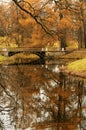 Beautiful autumn landscape with an ancient bridge and reflections of trees Royalty Free Stock Photo