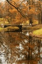 Beautiful autumn landscape with an ancient bridge and reflections of trees