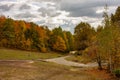 Beautiful autumn landscape. Autumn gradient of flowers. Colorful foliage on the trees