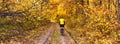 Beautiful autumn landscape, banner, panorama - cycling through dirt path in the autumn forest