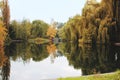 Beautiful autumn landscape with bridge across the river