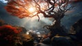 a beautiful autumn landscape, a brook in a forest, rocks and leaves in a mystical forest at sunset, sunlight and beautiful