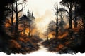 Beautiful autumn landscape with forest and church. Digital art painting. generative AI Generative AI Royalty Free Stock Photo