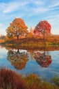 Beautiful autumn landscape, forest lake with reflection.