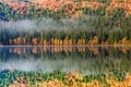 Beautiful autumn landscape with golden and copper colored trees and morning mist over the water