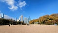 a beautiful autumn landscape at Grant Park with autumn trees and skyscrapers, hotels and office buildings in the city skyline Royalty Free Stock Photo