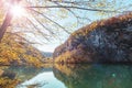 Beautiful autumn landscape, lake and mountains on a sunny morning. Plitvice lakes National park, Croatia Royalty Free Stock Photo