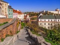 Beautiful autumn landscape of Lublin Poland with a castle on a hill. Colorful panorama of the town with colored houses, a stairs