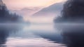 Beautiful autumn landscape. Morning view on foggy lake and mountains at sunrise time. Pastel colors on landscape. Beauty of nature Royalty Free Stock Photo
