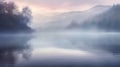 Beautiful autumn landscape. Morning view on foggy lake and mountains at sunrise time. Pastel colors on landscape. Beauty of nature Royalty Free Stock Photo