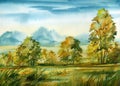 Beautiful autumn landscape, morning, watercolor painting, illustration, natural landscape hand painted Royalty Free Stock Photo