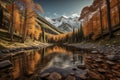 Beautiful autumn landscape with mountain lake and forest. generative ai Royalty Free Stock Photo