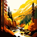 Beautiful autumn landscape with mountain river and forest. Vector illustration. Generative AI Royalty Free Stock Photo