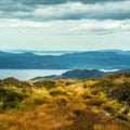 A beautiful autumn landscape of mountains in Folgefonna National park with fjord far in the distance. Fall scenery of southern Nor