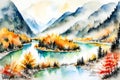 Beautiful autumn landscape with mountains and river,  Digital watercolor painting Royalty Free Stock Photo